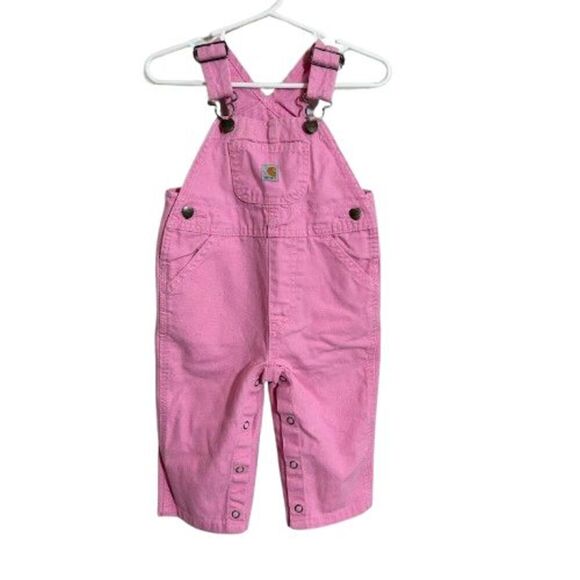 Carhartt Pink Denim Cotton Bib Overalls Baby 9M Heart Adjustable Straps - Picture 1 of 6